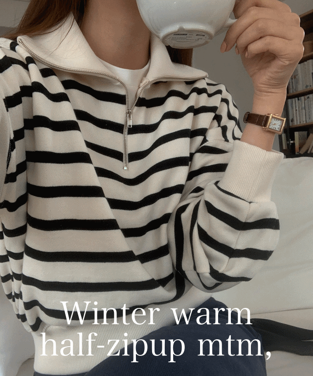 [겨울신상] 겨울 여자 단가라 반집업 양기모맨투맨 스트라이프 카라 기모맨투맨 4color 블랙